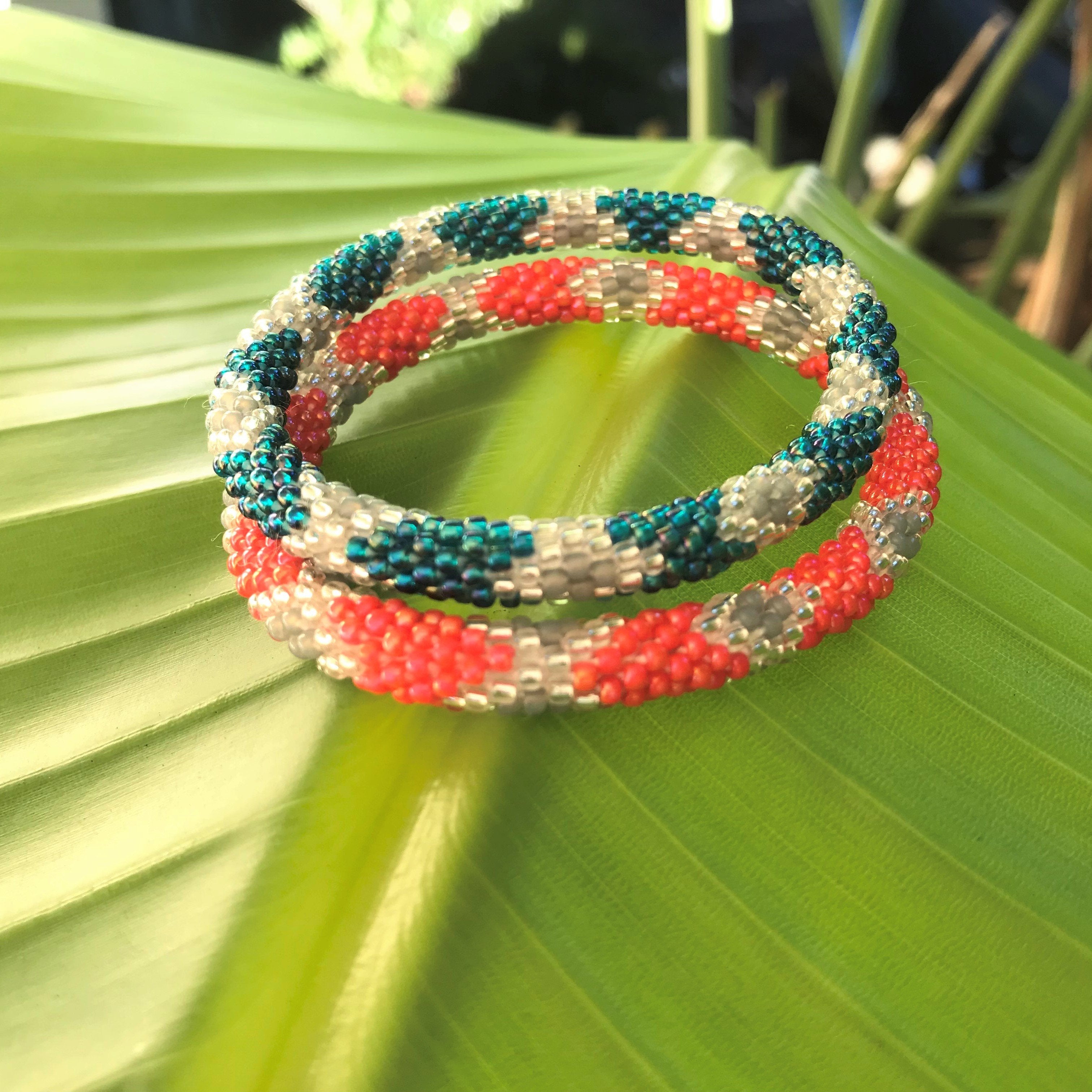 Sashka Co. Extended 8" Bracelet Aqua Teal / Clear / Gray / Orange Fall Breeze Bracelet Set of 2 - Extended 8"