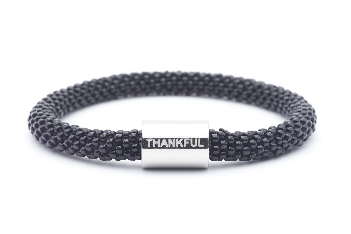 Sashka Co. Extended 8" Bracelet Black w/ Silver Thankful Charm Thankful Word Bracelet-Extended 8"