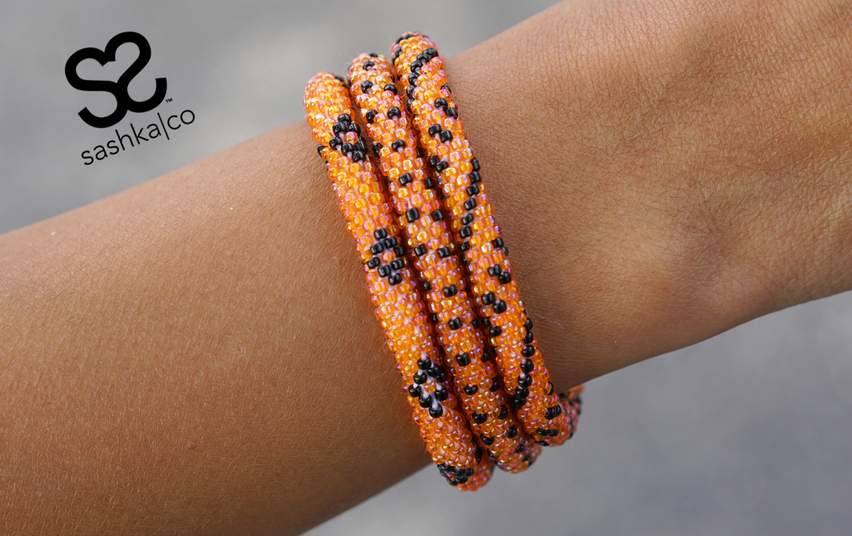 Sashka Co. Extended 8" Bracelet Iridescent Dark Orange / Black Halloween Bracelet Set of 3 - Extended 8"