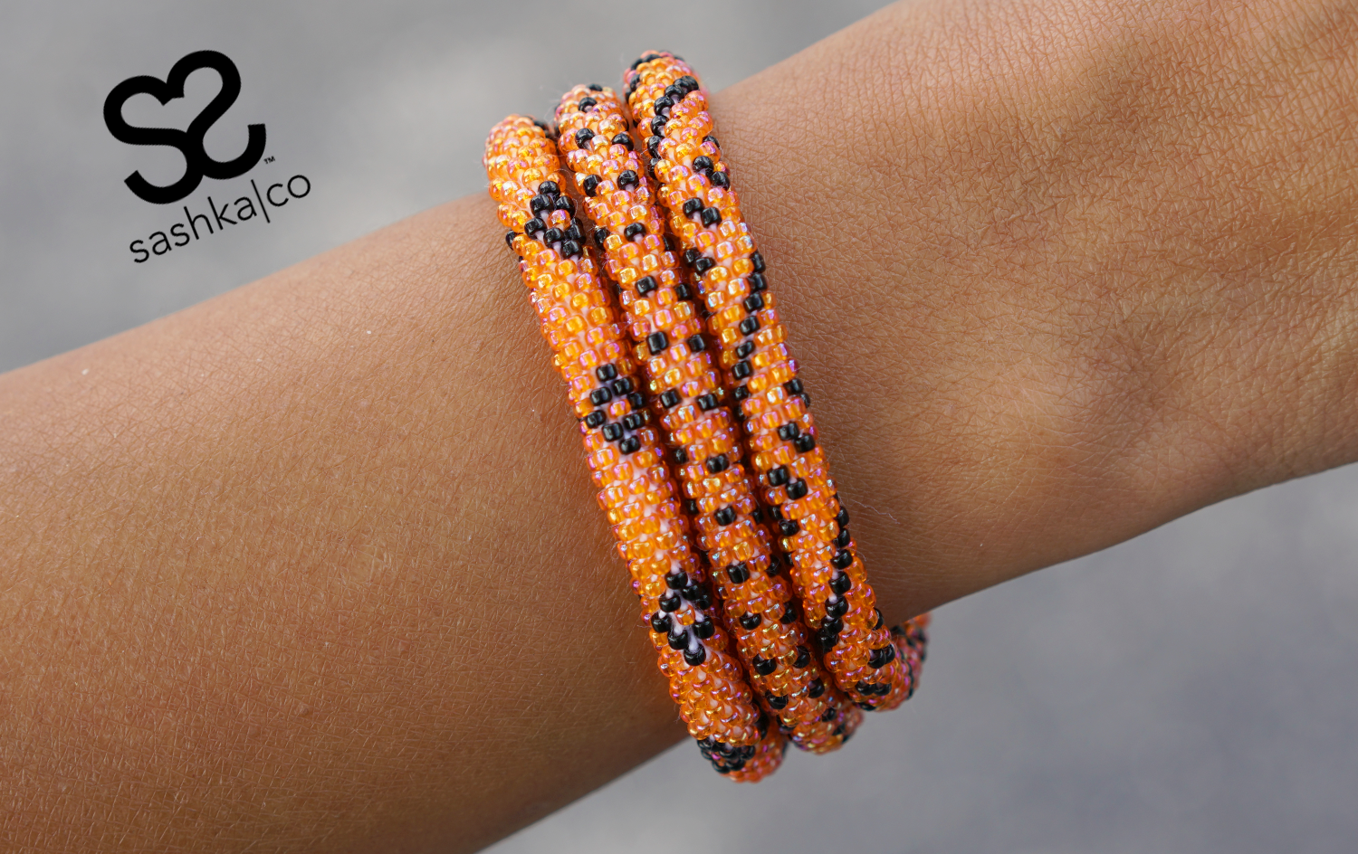 Sashka Co. Extended 8" Bracelet Iridescent Dark Orange / Black Halloween Bracelet Set of 3 - Extended 8"