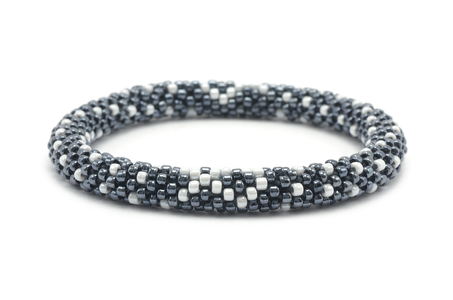 Handmade glass bead Silver w/ white ribbon design bracelet from Nepal, featuring a roll design. Also known as a beaded bracelet, seed bead bracelet, beach glass bracelet, or sea glass bracelet