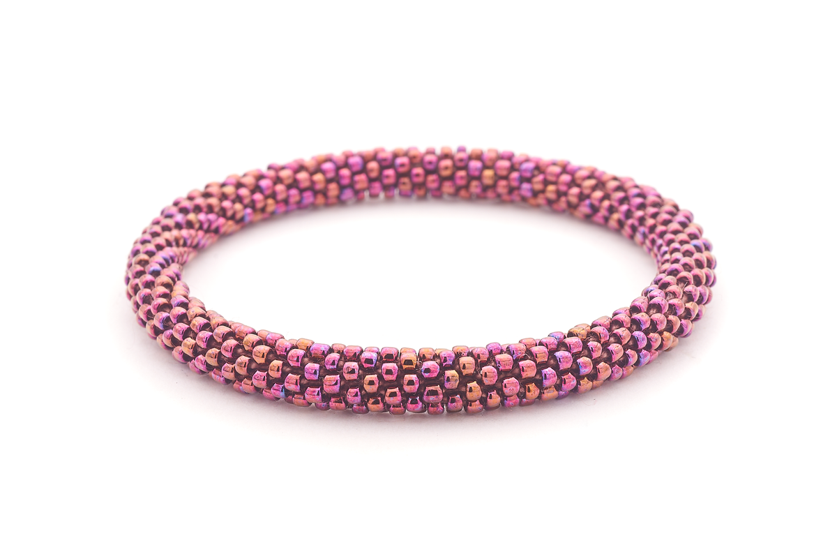 Handmade glass bead iridescent plum bracelet from Nepal, featuring a roll design. Also known as a beaded bracelet, seed bead bracelet, beach glass bracelet, or sea glass bracelet