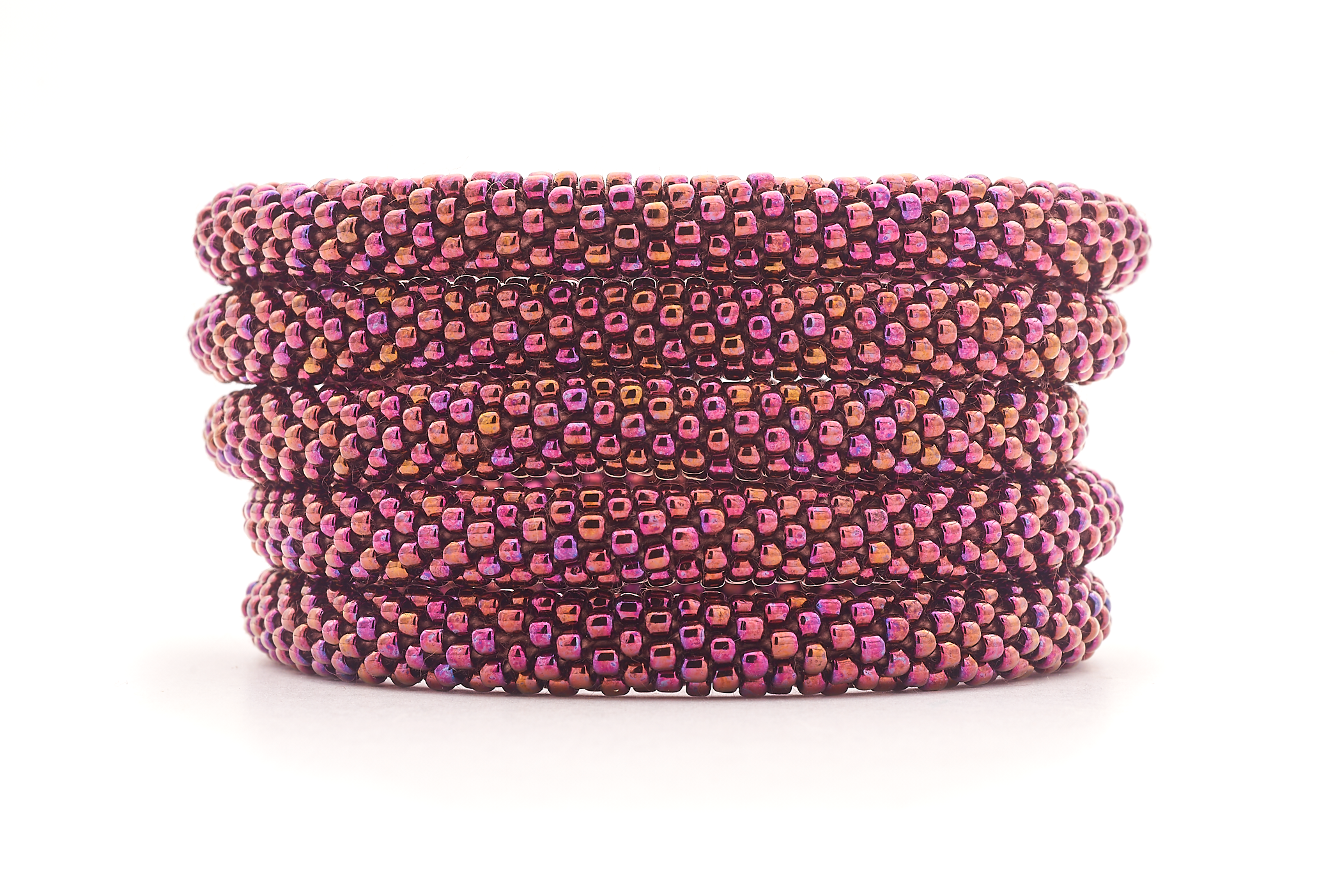 Handmade glass bead iridescent plum bracelet from Nepal, featuring a roll design. Also known as a beaded bracelet, seed bead bracelet, beach glass bracelet, or sea glass bracelet