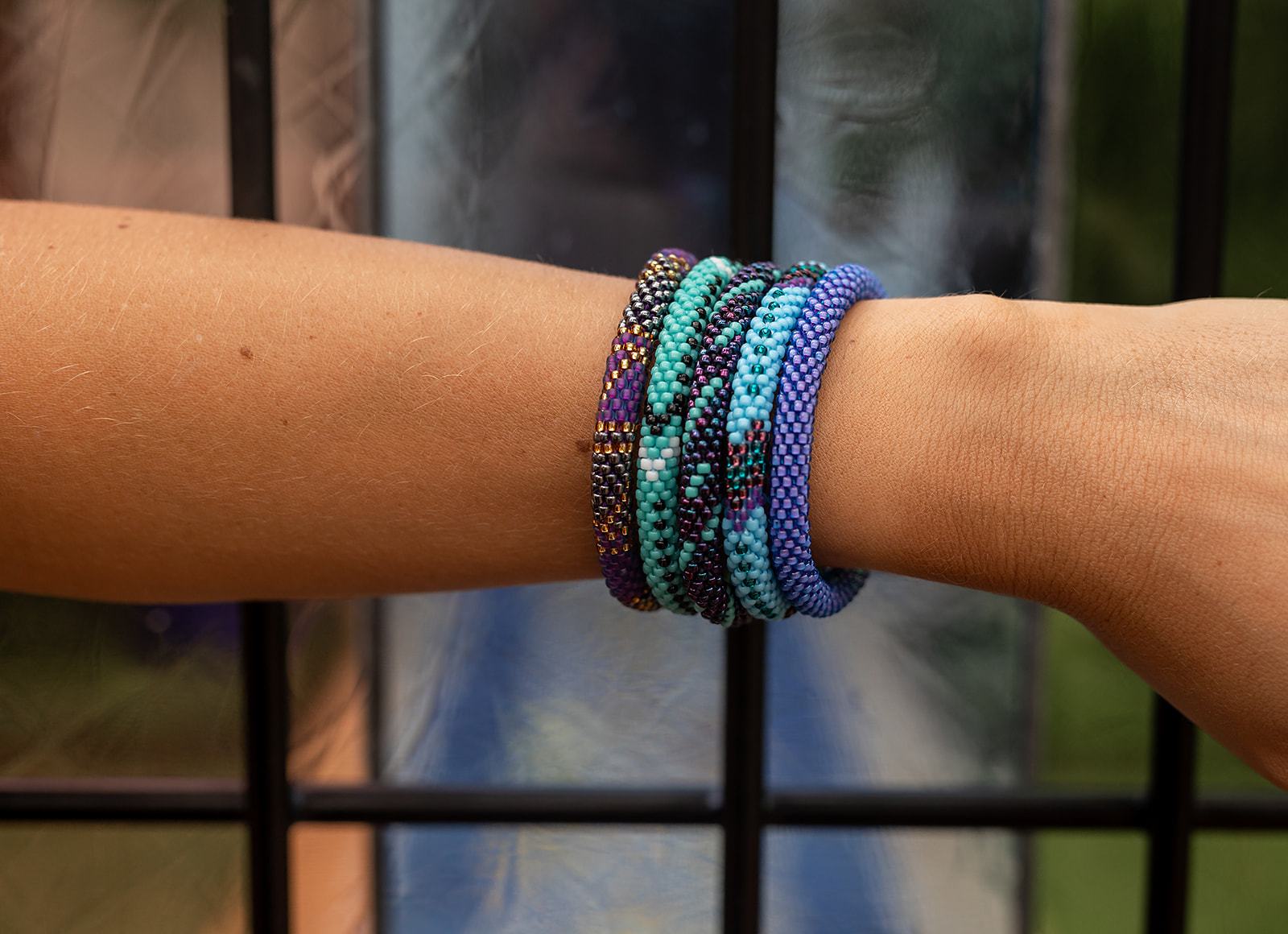 Handmade glass bead bracelet from Nepal, featuring a roll design. Also known as a beaded bracelet, seed bead bracelet, beach glass bracelet, or sea glass bracelet