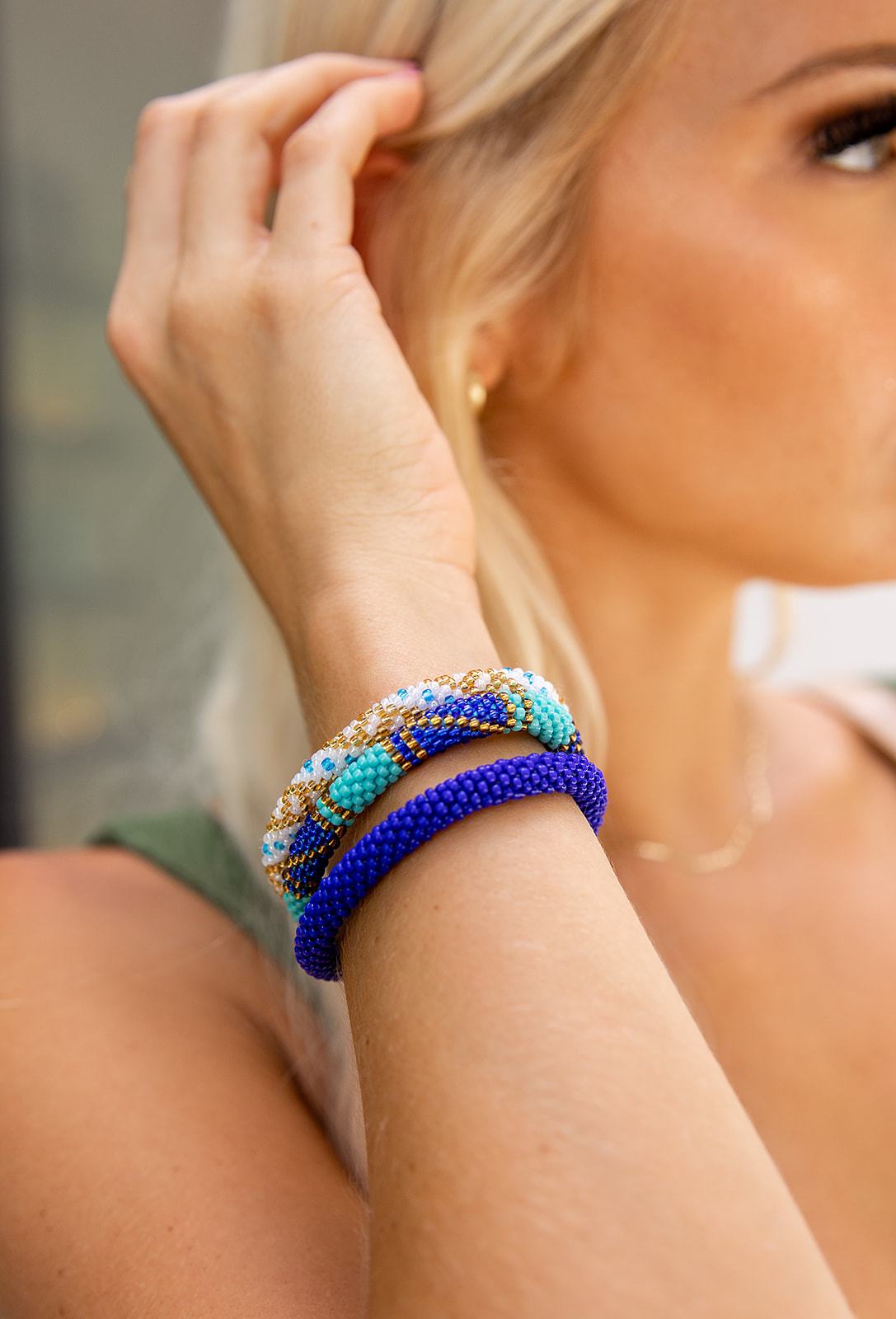Handmade glass bead bracelet from Nepal, featuring a roll design. Also known as a beaded bracelet, seed bead bracelet, beach glass bracelet, or sea glass bracelet.