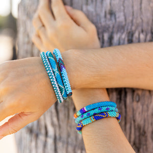 Handmade glass bead bracelet from Nepal, featuring a roll design. Also known as a beaded bracelet, seed bead bracelet, beach glass bracelet, or sea glass bracelet