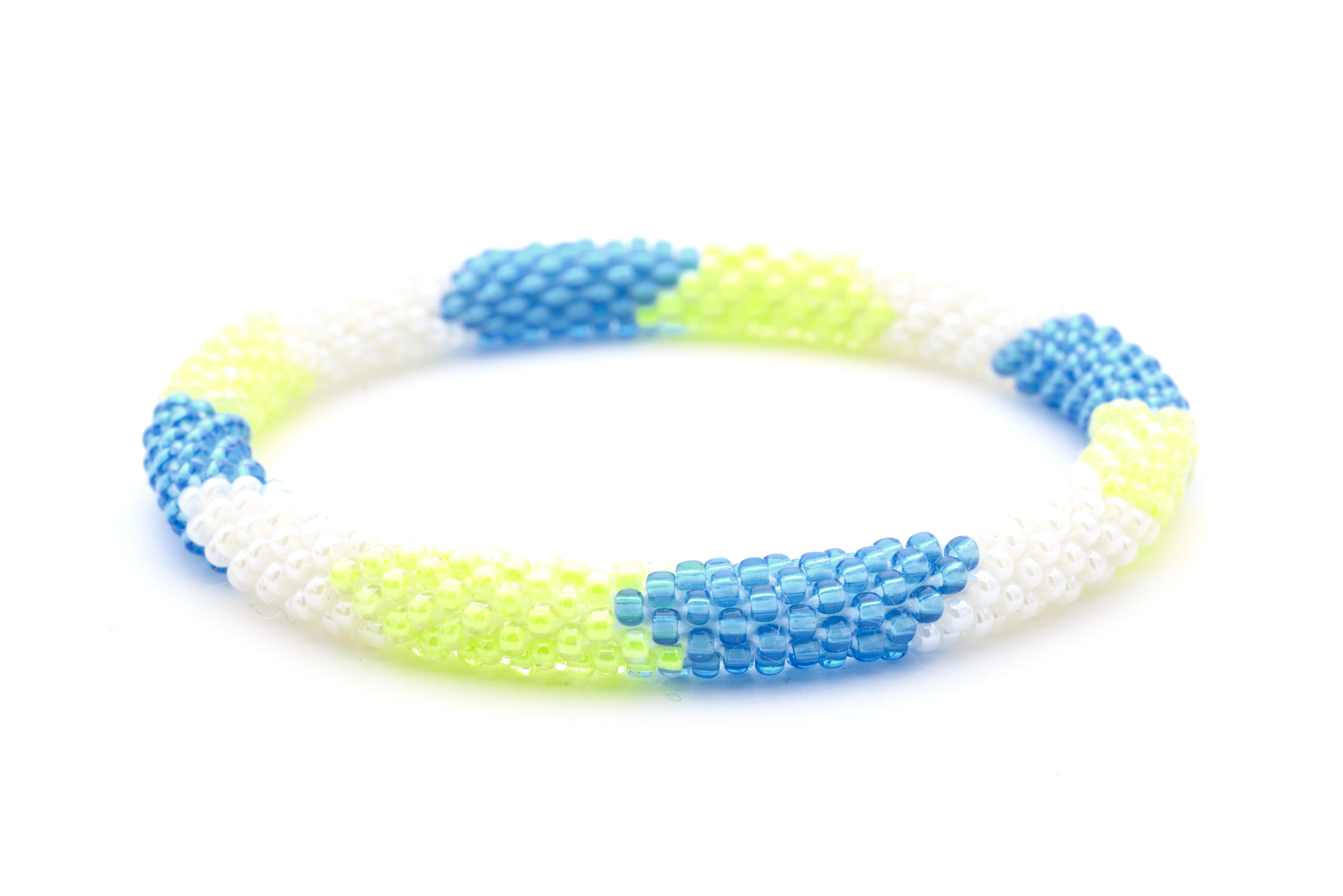 Handmade glass bead bracelet from Nepal, featuring a roll design. Also known as a beaded bracelet, seed bead bracelet, beach glass bracelet, or sea glass bracelet.
