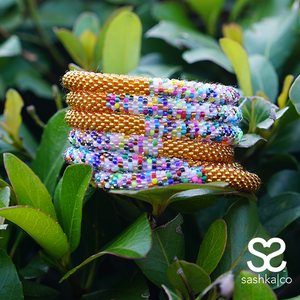 Handmade glass bead bracelet from Nepal, featuring a roll design. Also known as a beaded bracelet, seed bead bracelet, beach glass bracelet, or sea glass bracelet