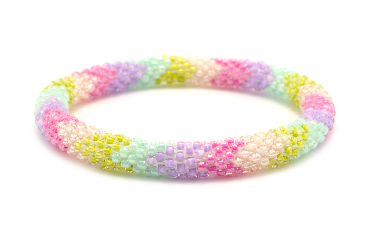 Handmade glass bead bracelet from Nepal, featuring a roll design. Also known as a beaded bracelet, seed bead bracelet, beach glass bracelet, or sea glass bracelet.