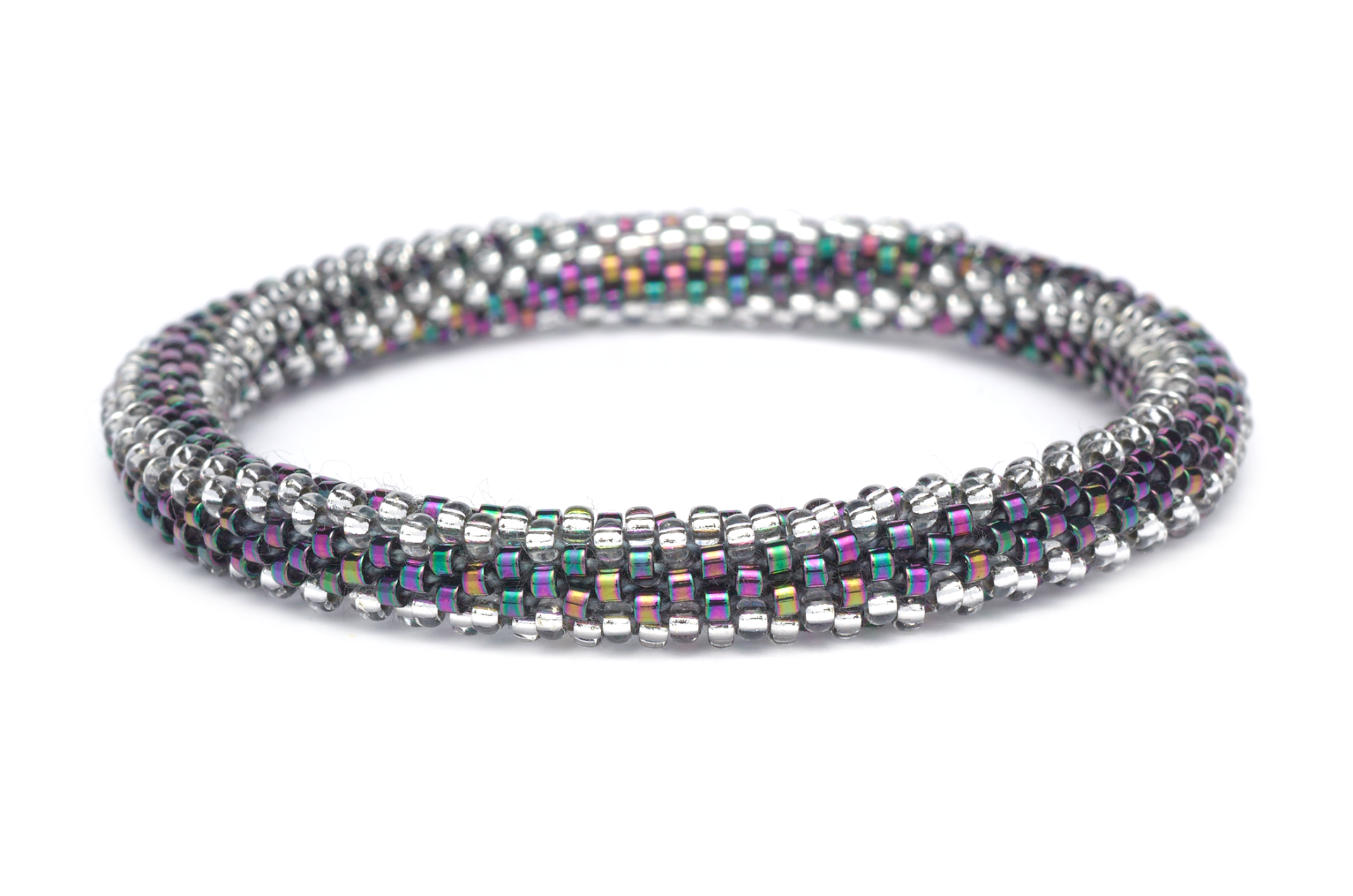 Handmade glass bead bracelet from Nepal, featuring a roll design. Also known as a beaded bracelet, seed bead bracelet, beach glass bracelet, or sea glass bracelet.
