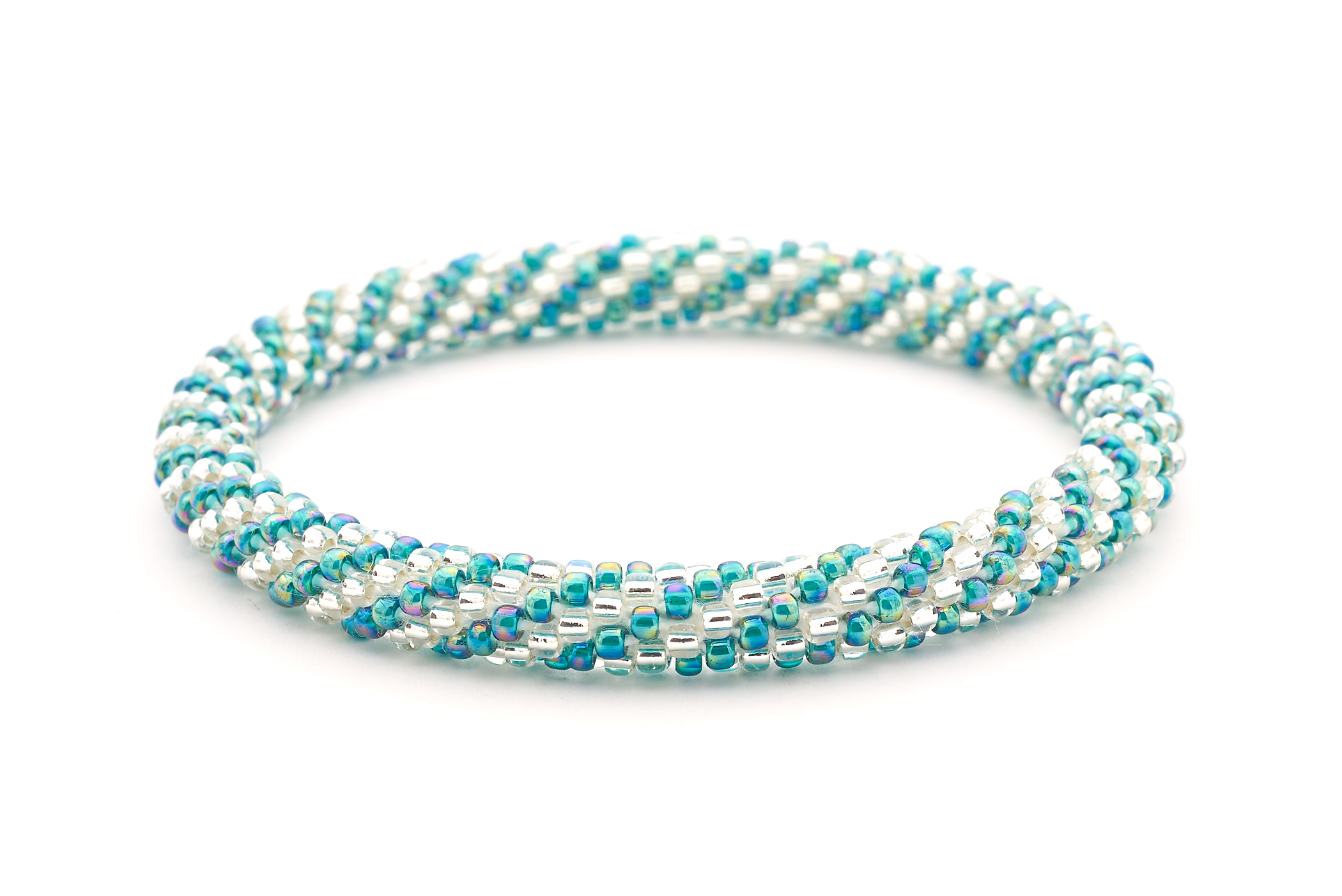 Handmade glass bead bracelet from Nepal, featuring a roll design. Also known as a beaded bracelet, seed bead bracelet, beach glass bracelet, or sea glass bracelet