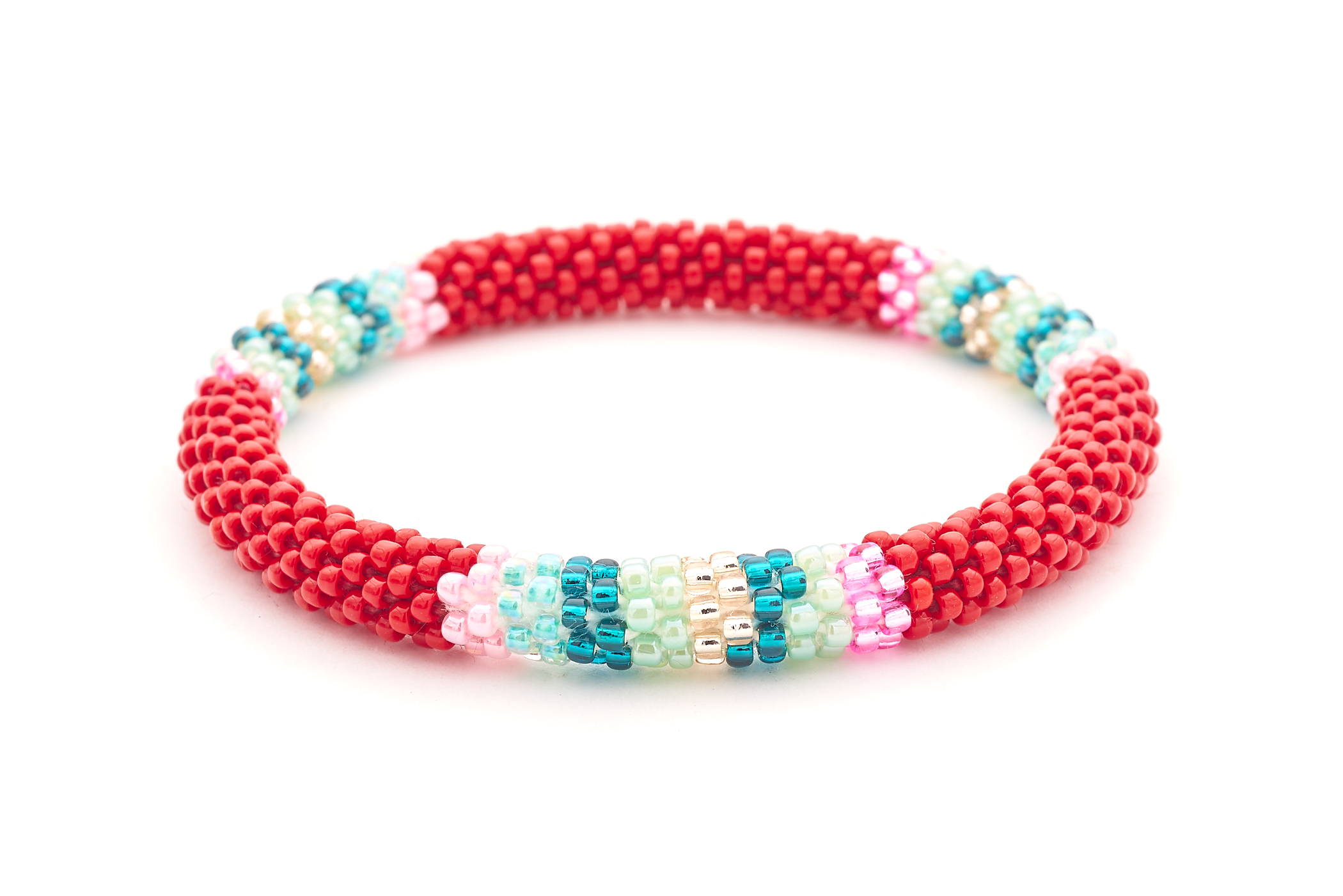 Handmade glass bead bracelet from Nepal, featuring a roll design. Also known as a beaded bracelet, seed bead bracelet, beach glass bracelet, or sea glass bracelet