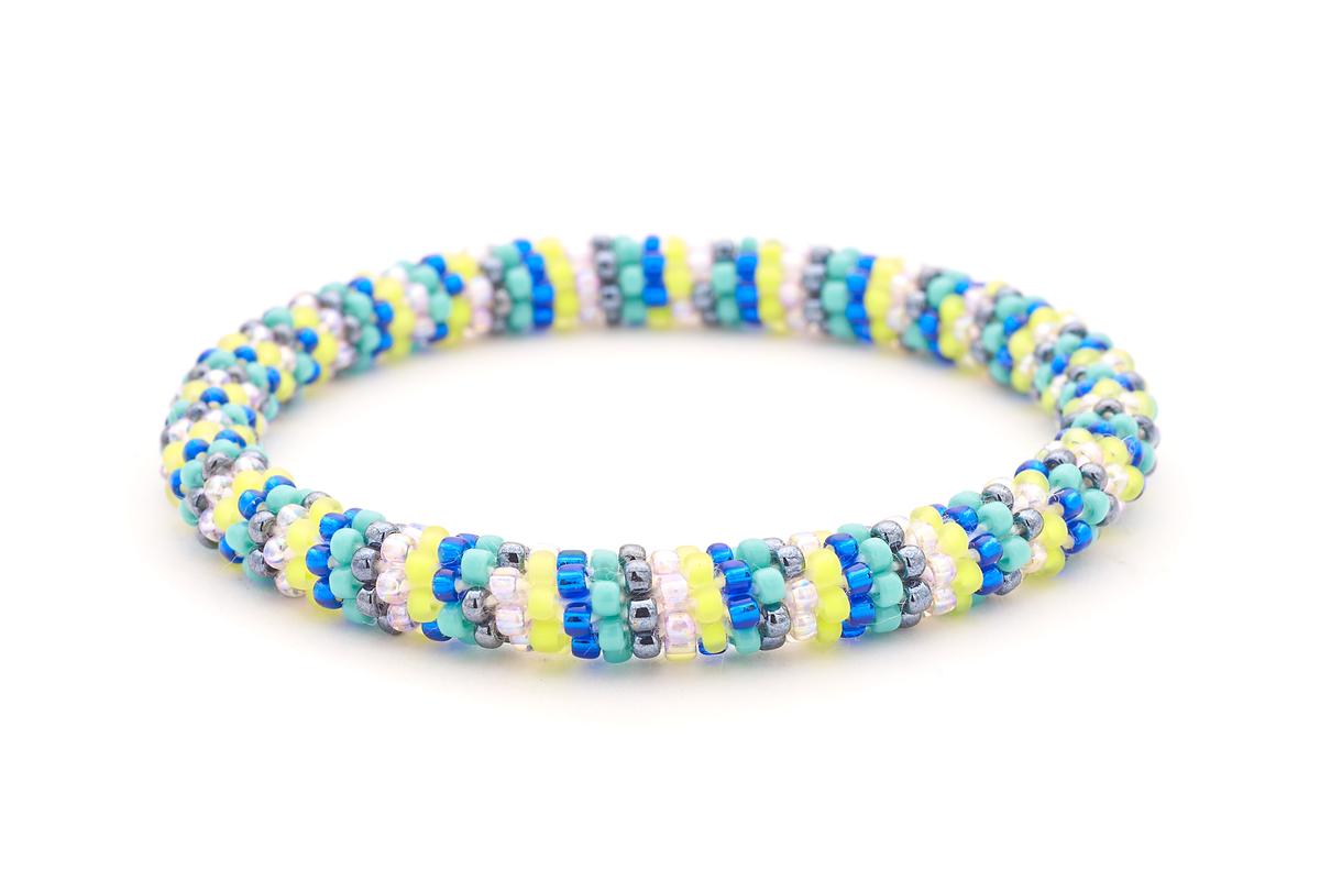 Handmade glass bead bracelet from Nepal, featuring a roll design. Also known as a beaded bracelet, seed bead bracelet, beach glass bracelet, or sea glass bracelet