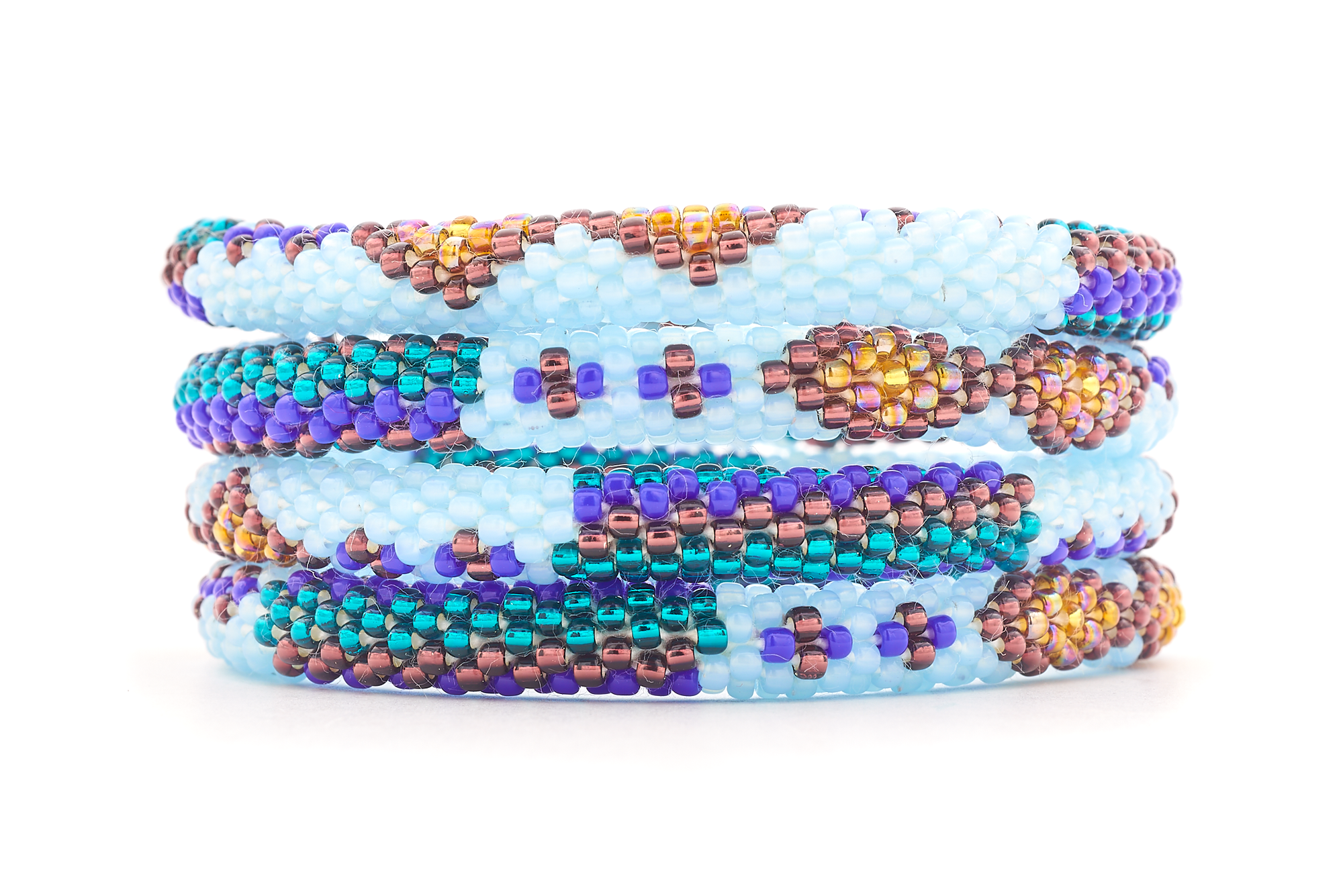 Handmade glass bead bracelet from Nepal, featuring a roll design. Also known as a beaded bracelet, seed bead bracelet, beach glass bracelet, or sea glass bracelet