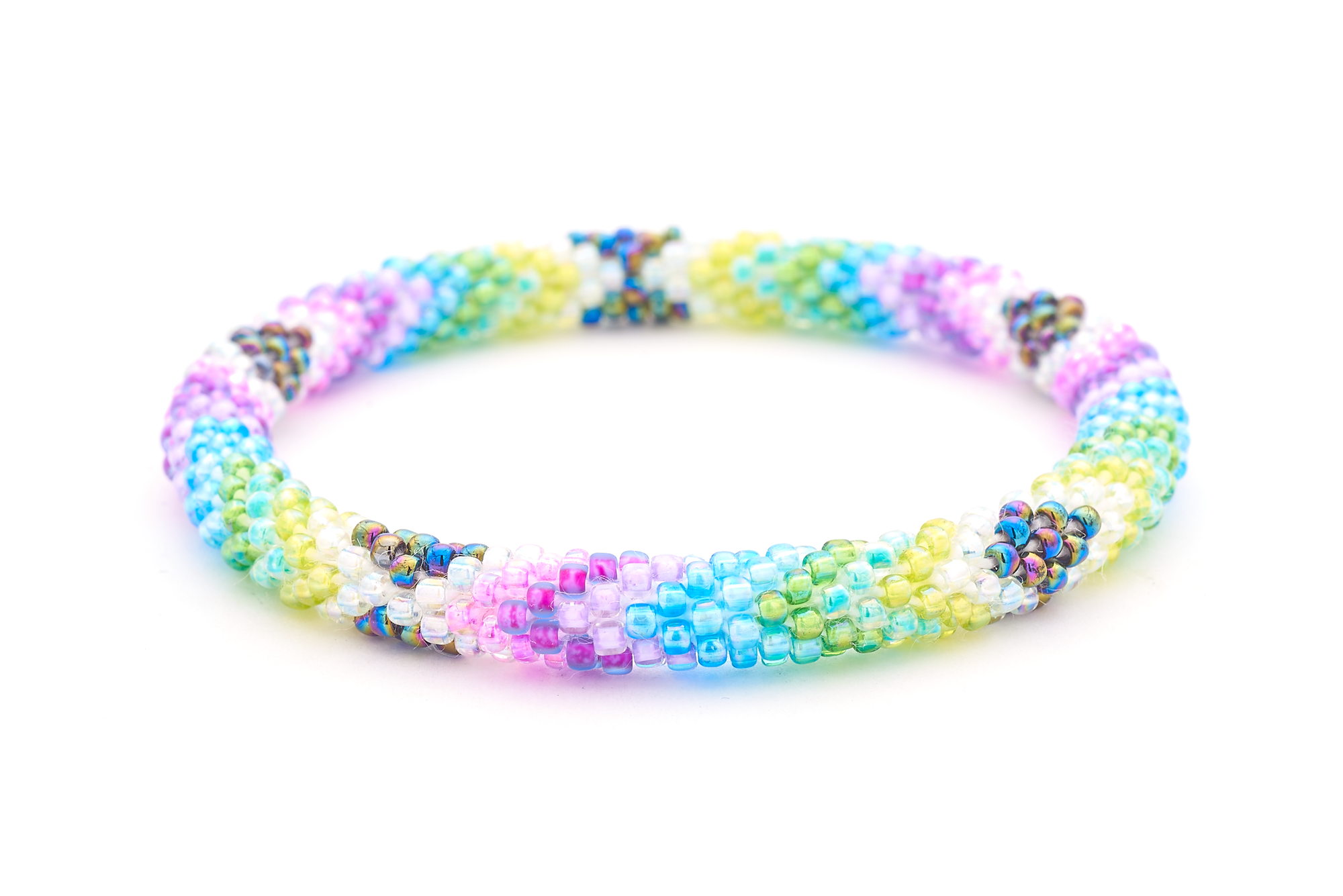 Handmade glass bead bracelet from Nepal, featuring a roll design. Also known as a beaded bracelet, seed bead bracelet, beach glass bracelet, or sea glass bracelet