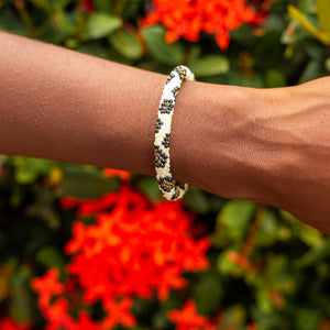 Handmade glass bead bracelet from Nepal, featuring a roll design. Also known as a beaded bracelet, seed bead bracelet, beach glass bracelet, or sea glass bracelet