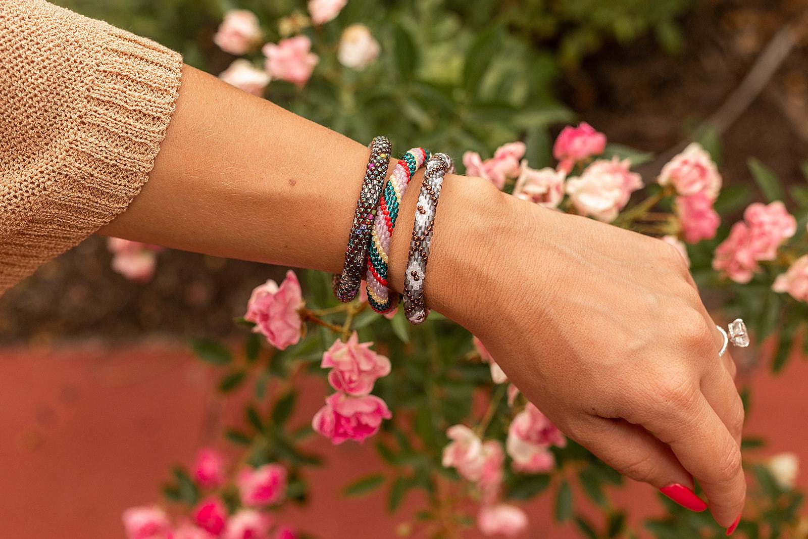 Handmade glass bead bracelet from Nepal, featuring a roll design. Also known as a beaded bracelet, seed bead bracelet, beach glass bracelet, or sea glass bracelet