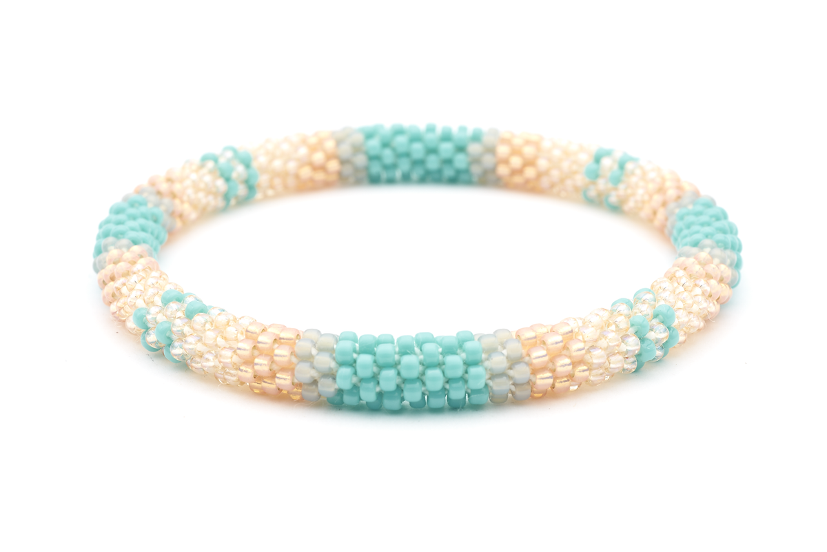 Handmade glass bead bracelet from Nepal, featuring a roll design. Also known as a beaded bracelet, seed bead bracelet, beach glass bracelet, or sea glass bracelet.