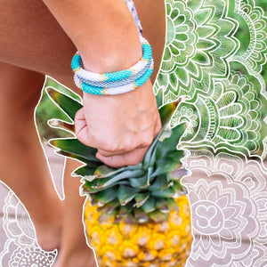 Sashka Co. handmade glass beaded friendship bracelet from Nepal, featuring a roll design. Also known as a beaded bracelet, seed bead bracelet, beach glass bracelet, or sea glass bracelet.