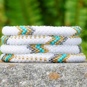 Handmade glass bead bracelet from Nepal, featuring a roll design. Also known as a beaded bracelet, seed bead bracelet, beach glass bracelet, or sea glass bracelet.