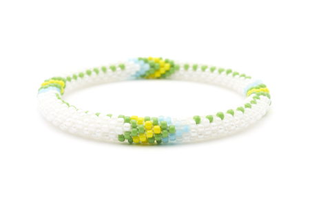 Handmade glass bead bracelet from Nepal, featuring a roll design. Also known as a beaded bracelet, seed bead bracelet, beach glass bracelet, or sea glass bracelet.