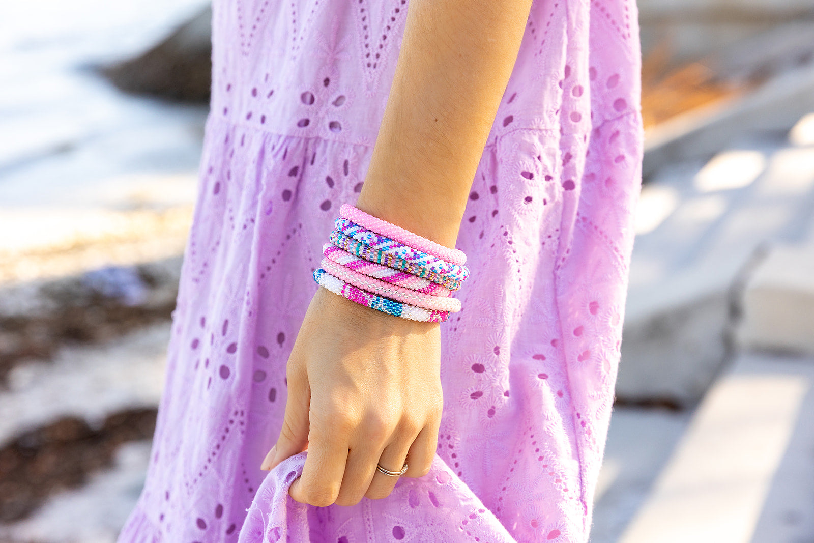 Handmade glass bead bracelet from Nepal, featuring a roll design. Also known as a beaded bracelet, seed bead bracelet, beach glass bracelet, or sea glass bracelet