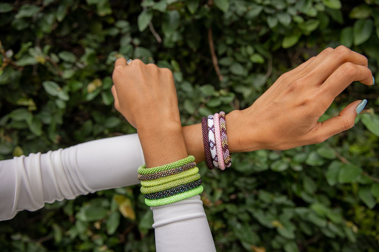 Handmade glass bead bracelet from Nepal, featuring a roll design. Also known as a beaded bracelet, seed bead bracelet, beach glass bracelet, or sea glass bracelet