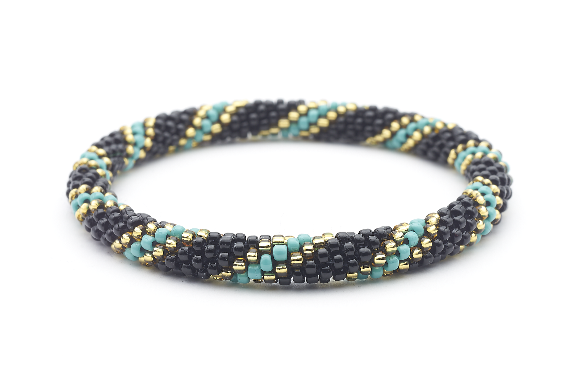 Handmade glass bead Black , Champagne Gold , Turquoise bracelet from Nepal, featuring a roll design. Also known as a beaded bracelet, seed bead bracelet, beach glass bracelet, or sea glass bracelet