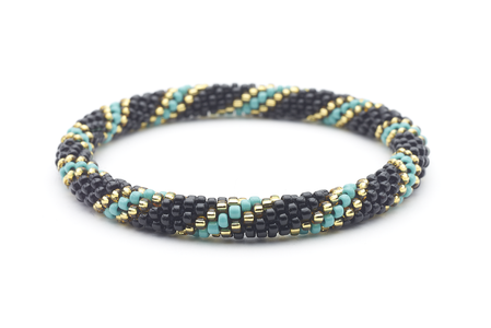 Handmade glass bead Black , Champagne Gold , Turquoise bracelet from Nepal, featuring a roll design. Also known as a beaded bracelet, seed bead bracelet, beach glass bracelet, or sea glass bracelet