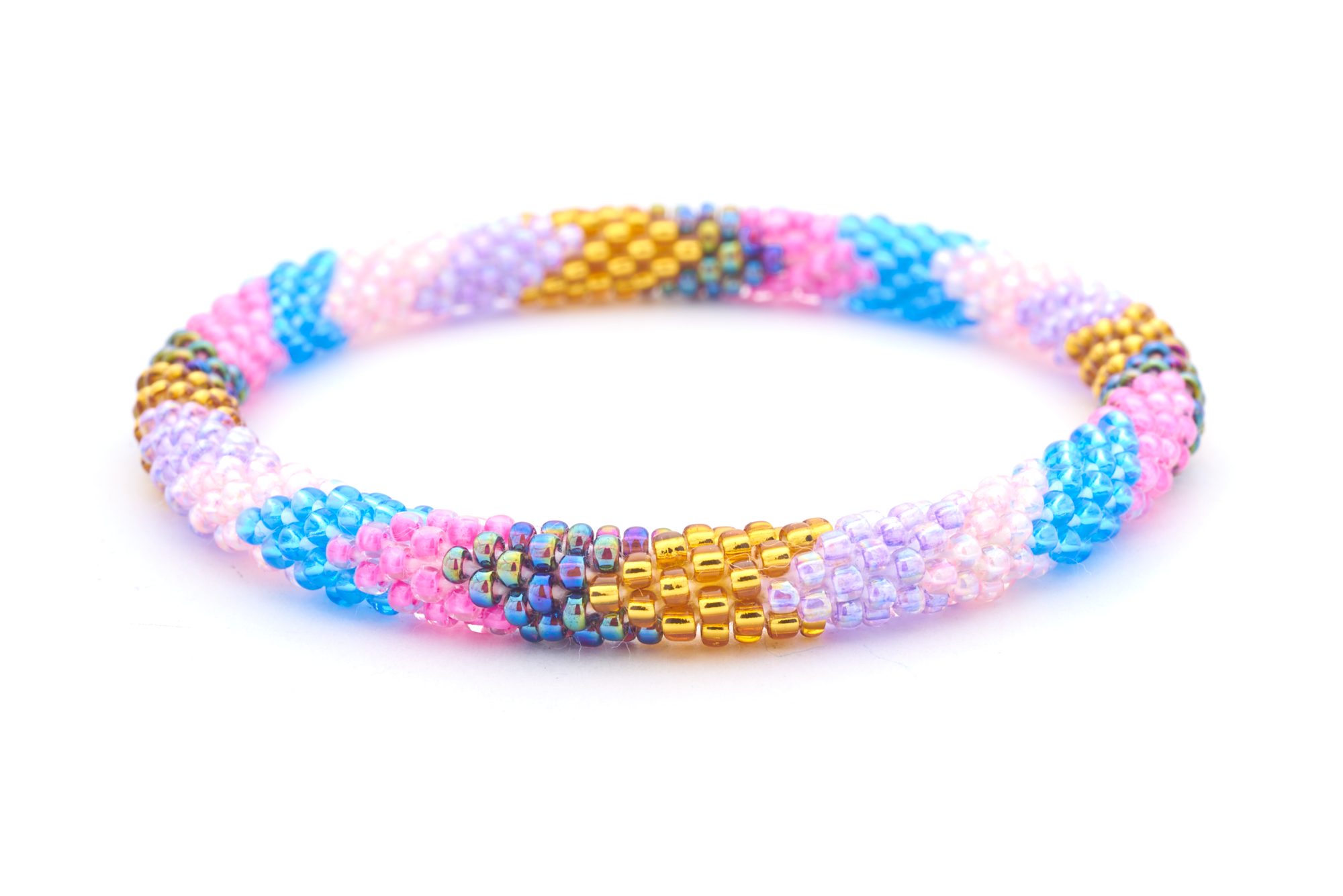 Handmade glass bead Pink , Blue , Purple , Light Pink , Gold , Iridescent bracelet from Nepal, featuring a roll design. Also known as a beaded bracelet, seed bead bracelet, beach glass bracelet, or sea glass bracelet