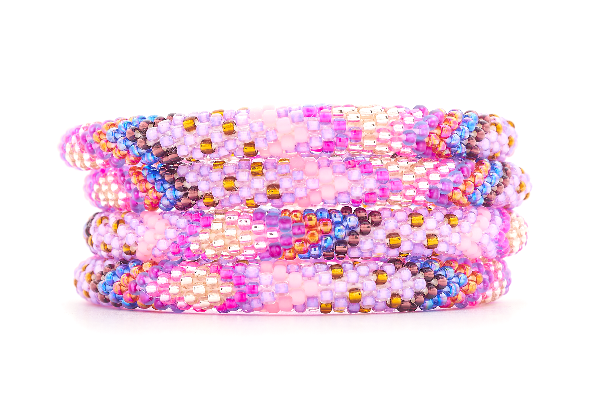 Handmade glass bead Pink , Purple , Blue , Iridescent Red , Golden Brown , Plum , Rose Gold bracelet from Nepal, featuring a roll design. Also known as a beaded bracelet, seed bead bracelet, beach glass bracelet, or sea glass bracelet