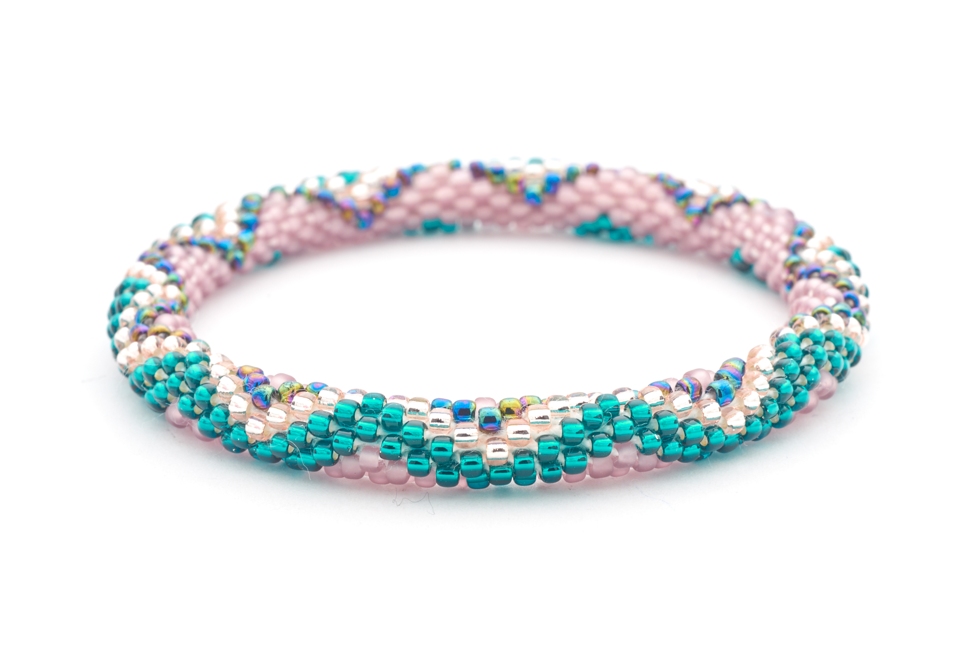 Handmade glass bead Teal ,  Mauve , Rose Gold , Iridescent bracelet from Nepal, featuring a roll design. Also known as a beaded bracelet, seed bead bracelet, beach glass bracelet, or sea glass bracelet