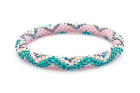 Handmade glass bead Teal ,  Mauve , Rose Gold , Iridescent bracelet from Nepal, featuring a roll design. Also known as a beaded bracelet, seed bead bracelet, beach glass bracelet, or sea glass bracelet