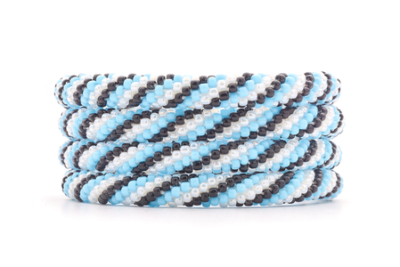 Handmade glass bead blue, black, white bracelet from Nepal, featuring a roll design. Also known as a beaded bracelet, seed bead bracelet, beach glass bracelet, or sea glass bracelet