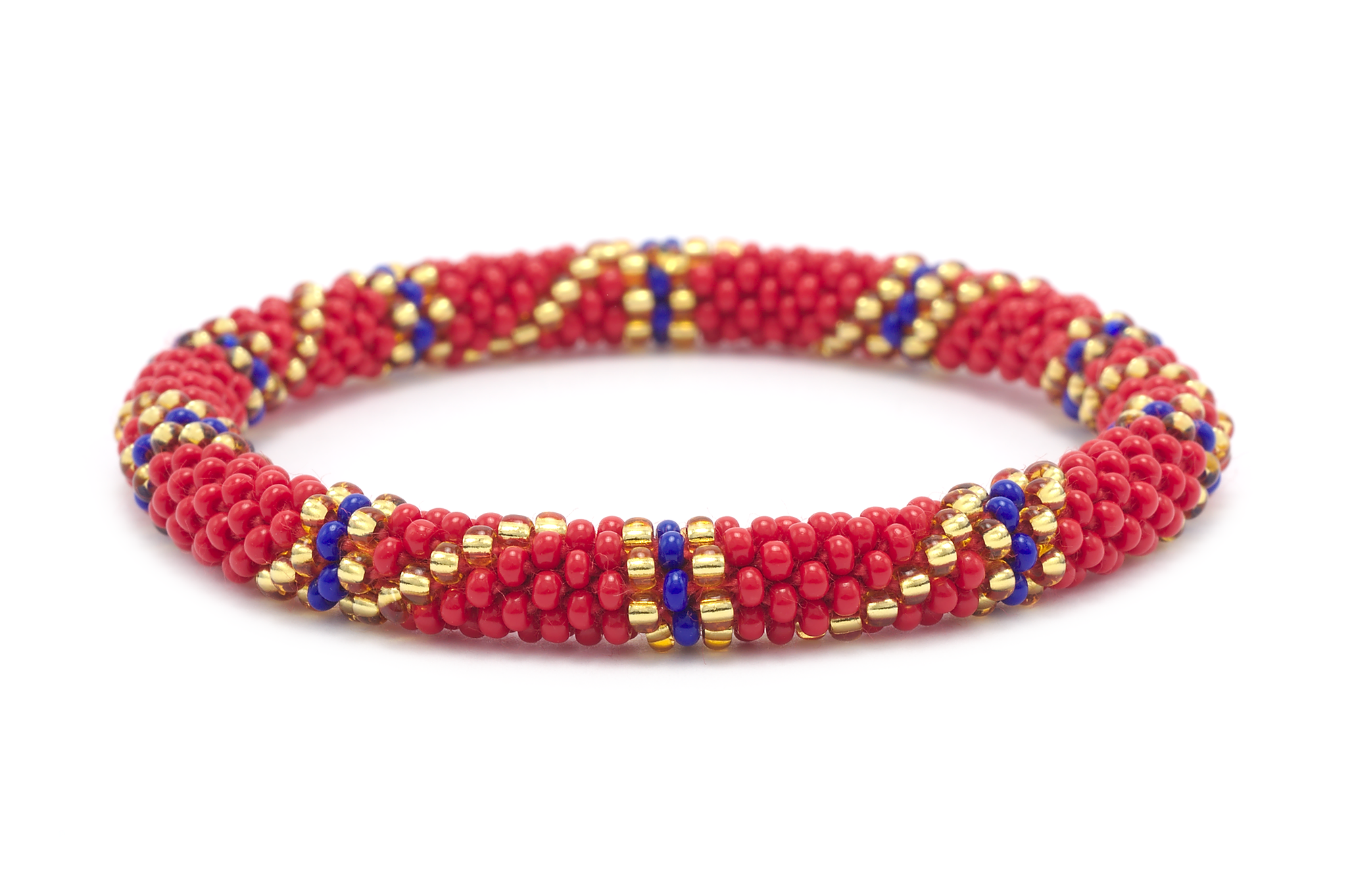 Handmade glass bead red, blue, gold bracelet from Nepal, featuring a roll design. Also known as a beaded bracelet, seed bead bracelet, beach glass bracelet, or sea glass bracelet.