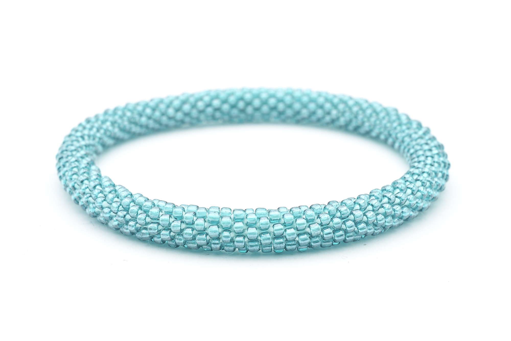 Handmade glass bead solid turquoise teal bracelet from Nepal, featuring a roll design. Also known as a beaded bracelet, seed bead bracelet, beach glass bracelet, or sea glass bracelet