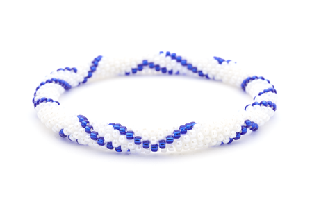 Handmade glass bead white and blue bracelet from Nepal, featuring a roll design. Also known as a beaded bracelet, seed bead bracelet, beach glass bracelet, or sea glass bracelet