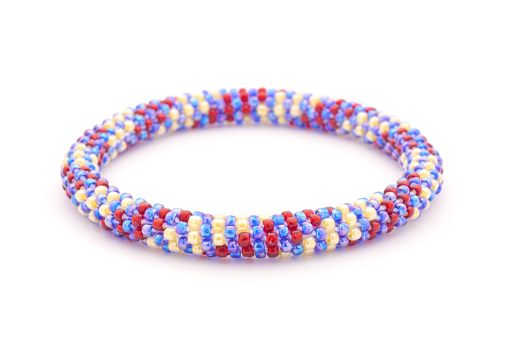 Handmade glass bead red, iridescent blue, yellow bracelet from Nepal, featuring a roll design. Also known as a beaded bracelet, seed bead bracelet, beach glass bracelet, or sea glass bracelet