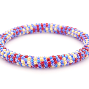 Handmade glass bead red, iridescent blue, yellow bracelet from Nepal, featuring a roll design. Also known as a beaded bracelet, seed bead bracelet, beach glass bracelet, or sea glass bracelet